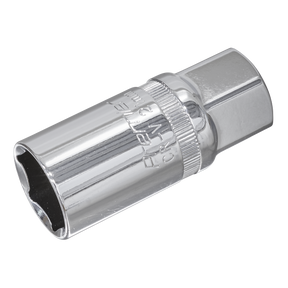 The Sealey Spark Plug Socket 21mm 1/2"Sq Drive - S12SP14, crafted from robust Chrome Vanadium steel, showcases clearly engraved size markings on the side. A valuable addition to any hand tool collection, it excels in addressing both surface and deep-seated spark plug requirements.