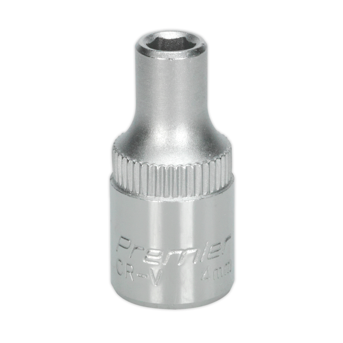 A 4mm hex socket, featuring the WallDrive® design and a 1/4" square drive, crafted from durable Chrome Vanadium steel. Engraved with "Sealey Premier CR-V" on its surface, ideal for any tool collection and backed by a lifetime guarantee (Product Code: S1404).