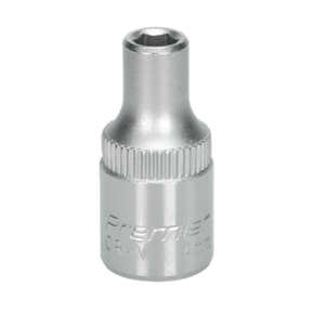 A 4mm hex socket, featuring the WallDrive® design and a 1/4" square drive, crafted from durable Chrome Vanadium steel. Engraved with "Sealey Premier CR-V" on its surface, ideal for any tool collection and backed by a lifetime guarantee (Product Code: S1404).