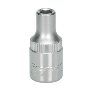 A 4mm hex socket, featuring the WallDrive® design and a 1/4" square drive, crafted from durable Chrome Vanadium steel. Engraved with "Sealey Premier CR-V" on its surface, ideal for any tool collection and backed by a lifetime guarantee (Product Code: S1404).