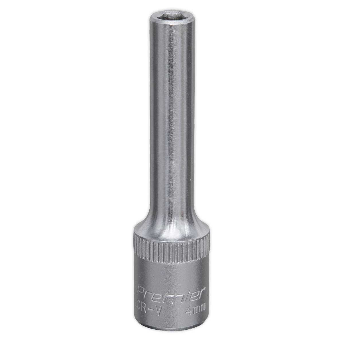 A Sealey WallDrive® Socket 4mm Deep 1/4"Sq Drive (S1404D) featuring a smooth finish with the text "Sealey CR-V 4mm" engraved near the base. This Chrome Vanadium steel socket comes with a lifetime guarantee, ensuring lasting durability and reliability.