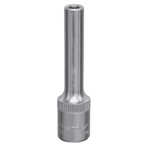 A Sealey WallDrive® Socket 4mm Deep 1/4"Sq Drive (S1404D) featuring a smooth finish with the text "Sealey CR-V 4mm" engraved near the base. This Chrome Vanadium steel socket comes with a lifetime guarantee, ensuring lasting durability and reliability.