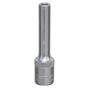 A Sealey WallDrive® Socket 4mm Deep 1/4"Sq Drive (S1404D) featuring a smooth finish with the text "Sealey CR-V 4mm" engraved near the base. This Chrome Vanadium steel socket comes with a lifetime guarantee, ensuring lasting durability and reliability.