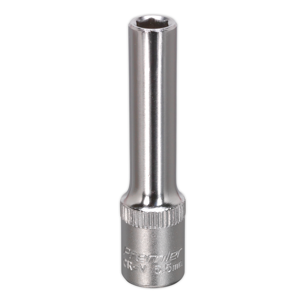 The WallDrive® Socket 5.5mm Deep 1/4"Sq Drive - S14055D by Sealey is a metallic socket wrench attachment featuring a hexagonal opening, engraved markings on its base, and constructed from durable Chrome Vanadium steel, suitable for various mechanical applications.