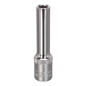 The WallDrive® Socket 5.5mm Deep 1/4"Sq Drive - S14055D by Sealey is a metallic socket wrench attachment featuring a hexagonal opening, engraved markings on its base, and constructed from durable Chrome Vanadium steel, suitable for various mechanical applications.