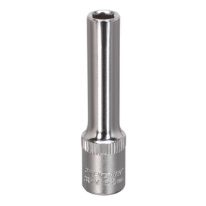 The WallDrive® Socket 5.5mm Deep 1/4"Sq Drive - S14055D by Sealey is a metallic socket wrench attachment featuring a hexagonal opening, engraved markings on its base, and constructed from durable Chrome Vanadium steel, suitable for various mechanical applications.