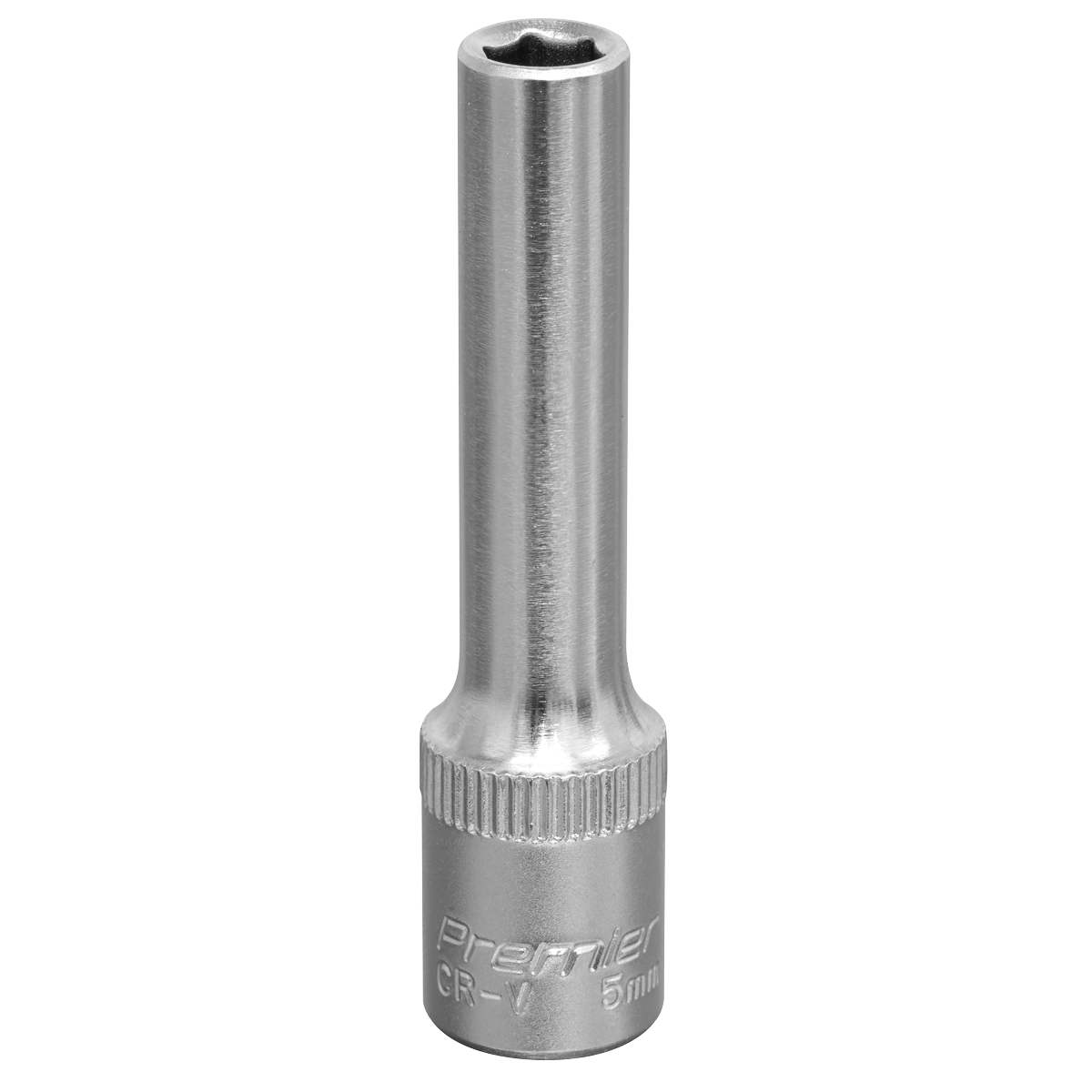 A long, shiny, silver WallDrive® Socket 5mm Deep 1/4"Sq Drive - S1405D from Sealey features "Premier CR-V 5mm" inscribed at the base and is crafted from durable Chrome Vanadium steel.