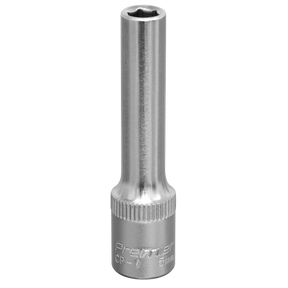 A long, shiny, silver WallDrive® Socket 5mm Deep 1/4"Sq Drive - S1405D from Sealey features "Premier CR-V 5mm" inscribed at the base and is crafted from durable Chrome Vanadium steel.