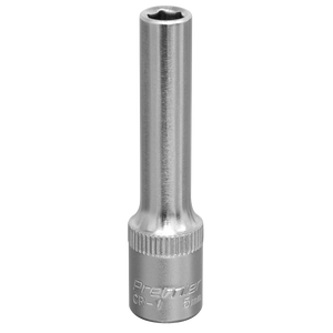 A long, shiny, silver WallDrive® Socket 5mm Deep 1/4"Sq Drive - S1405D from Sealey features "Premier CR-V 5mm" inscribed at the base and is crafted from durable Chrome Vanadium steel.