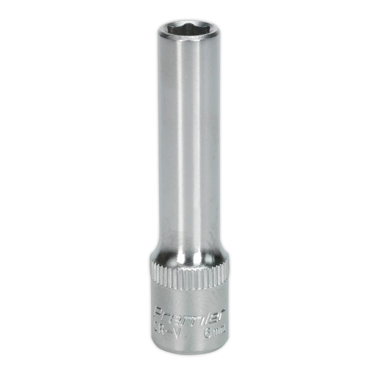 A Sealey WallDrive® Socket 6mm Deep 1/4"Sq Drive - S1406D, featuring a silver metallic Chrome Vanadium steel build with a hexagonal opening at the top and "Premier Hand Tools" elegantly engraved near the base, backed by a lifetime guarantee.