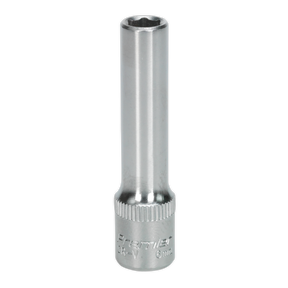 A Sealey WallDrive® Socket 6mm Deep 1/4"Sq Drive - S1406D, featuring a silver metallic Chrome Vanadium steel build with a hexagonal opening at the top and "Premier Hand Tools" elegantly engraved near the base, backed by a lifetime guarantee.