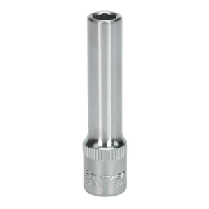 A Sealey WallDrive® Socket 6mm Deep 1/4"Sq Drive - S1406D, featuring a silver metallic Chrome Vanadium steel build with a hexagonal opening at the top and "Premier Hand Tools" elegantly engraved near the base, backed by a lifetime guarantee.