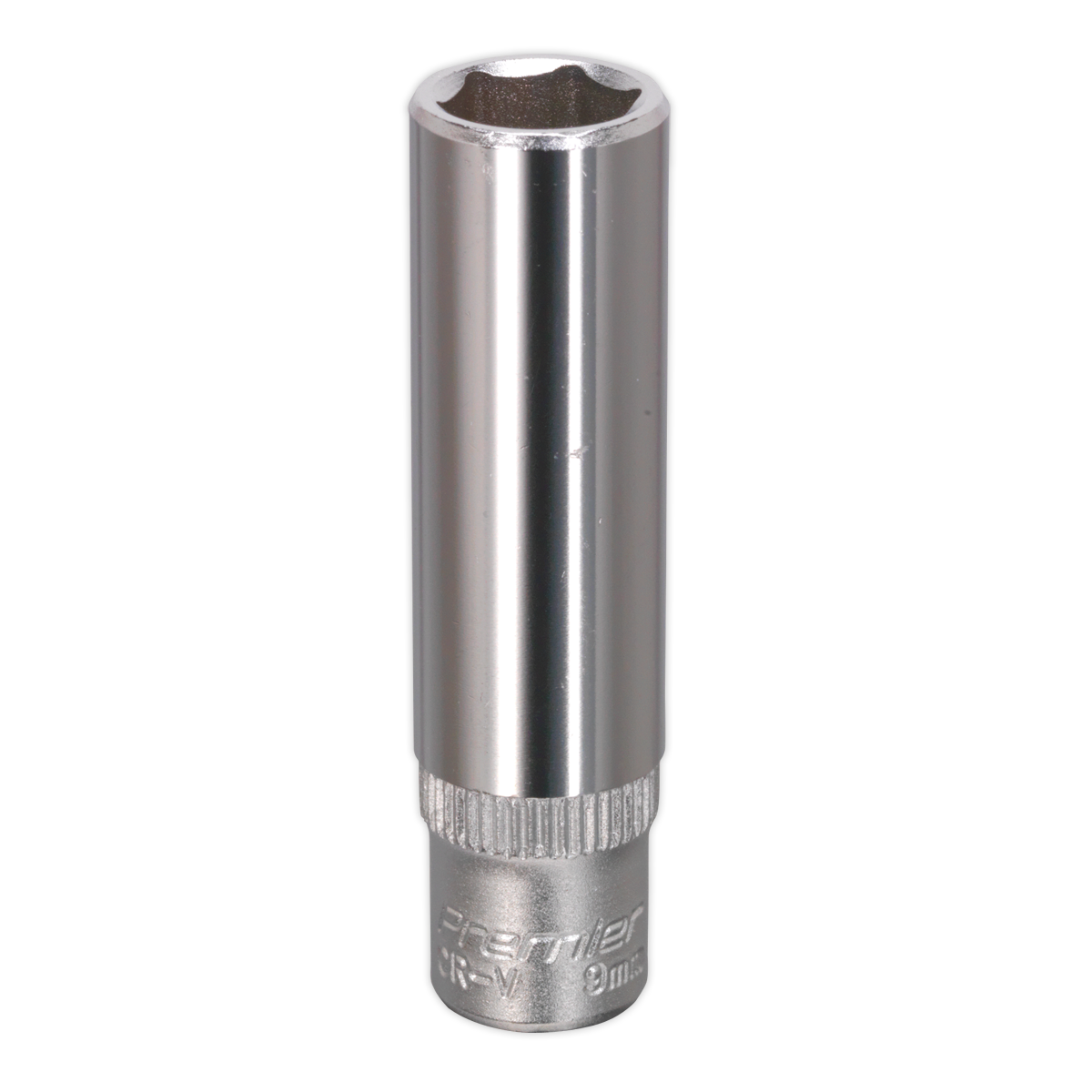 Image of the Sealey WallDrive® Socket 9mm Deep 1/4"Sq Drive - S1409D, a chrome-colored deep socket wrench crafted from durable Chrome Vanadium steel. It features a hexagonal opening and a knurled handle for superior grip. This tool, part of the Premier Hand Tools collection, includes the innovative WallDrive® socket design for enhanced performance.