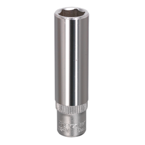 Image of the Sealey WallDrive® Socket 9mm Deep 1/4"Sq Drive - S1409D, a chrome-colored deep socket wrench crafted from durable Chrome Vanadium steel. It features a hexagonal opening and a knurled handle for superior grip. This tool, part of the Premier Hand Tools collection, includes the innovative WallDrive® socket design for enhanced performance.