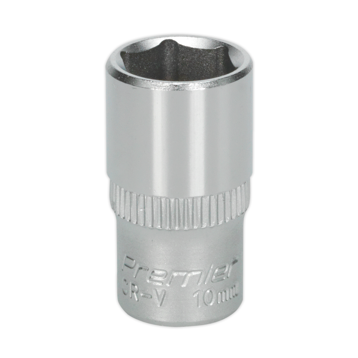 A 10mm WallDrive® Socket made from Chrome Vanadium steel with a knurled grip, labeled "Sealey Premier Hand Tools," identified as model S1410.