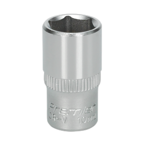 A 10mm WallDrive® Socket made from Chrome Vanadium steel with a knurled grip, labeled "Sealey Premier Hand Tools," identified as model S1410.