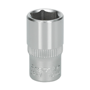 A 10mm WallDrive® Socket made from Chrome Vanadium steel with a knurled grip, labeled "Sealey Premier Hand Tools," identified as model S1410.