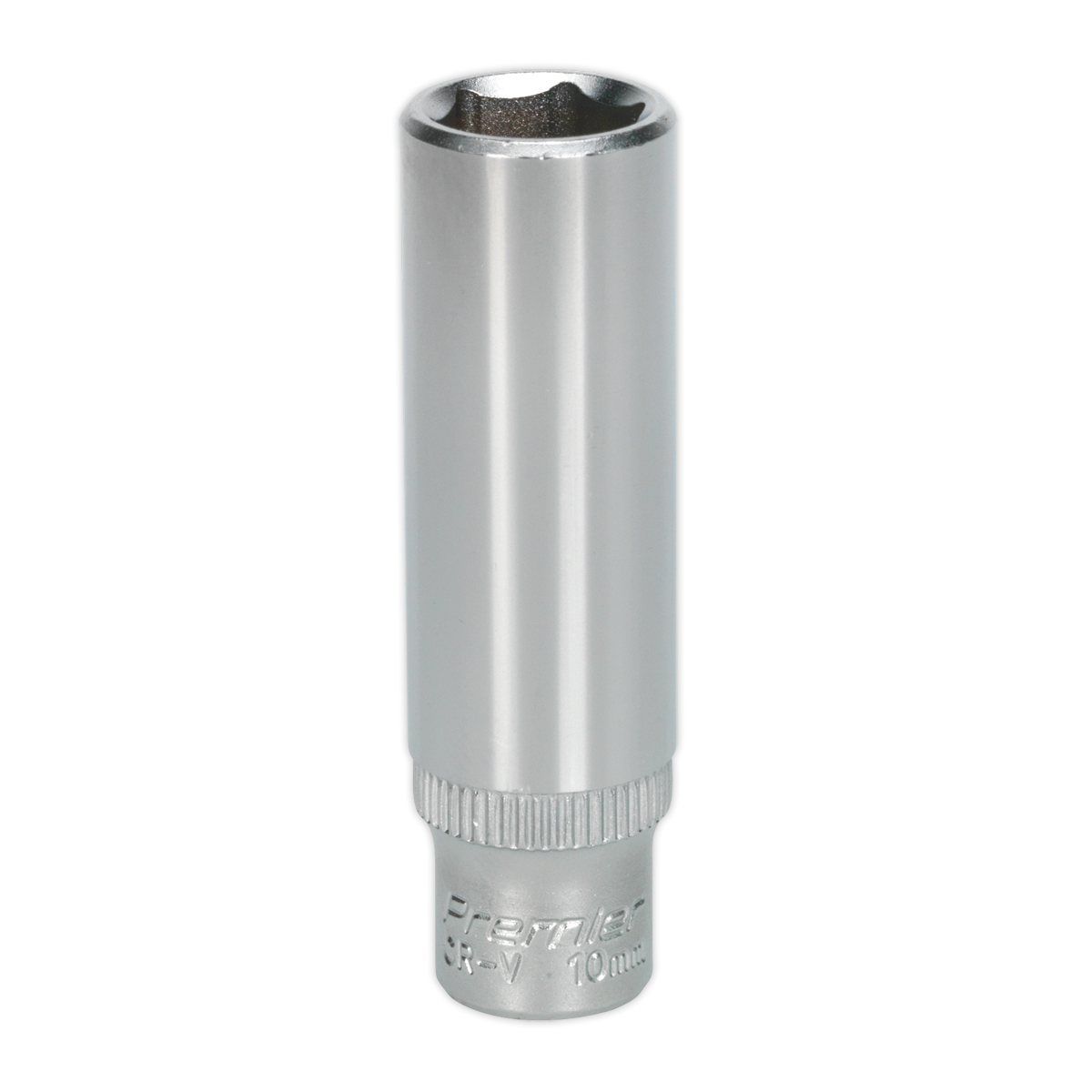 The Sealey WallDrive® Socket 10mm Deep 1/4" Sq Drive - S1410D is a six-point configuration crafted from durable Chrome Vanadium steel, designed for use with a ratchet wrench, ensuring Premier Hand Tools quality.