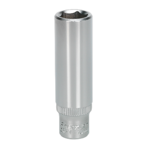 The Sealey WallDrive® Socket 10mm Deep 1/4" Sq Drive - S1410D is a six-point configuration crafted from durable Chrome Vanadium steel, designed for use with a ratchet wrench, ensuring Premier Hand Tools quality.