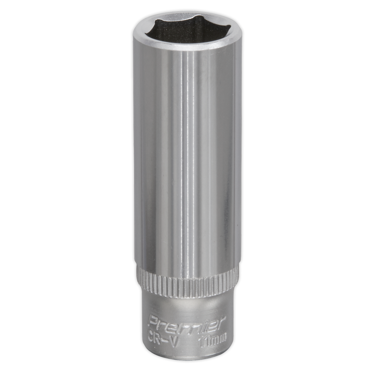 A cylindrical, silver Sealey WallDrive® Socket 11mm Deep 1/4"Sq Drive - S1411D with "Premier CR-V 11mm" engraved near the base.