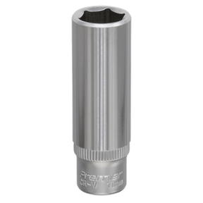 A cylindrical, silver Sealey WallDrive® Socket 11mm Deep 1/4"Sq Drive - S1411D with "Premier CR-V 11mm" engraved near the base.