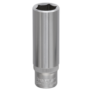 A cylindrical, silver Sealey WallDrive® Socket 11mm Deep 1/4"Sq Drive - S1411D with "Premier CR-V 11mm" engraved near the base.