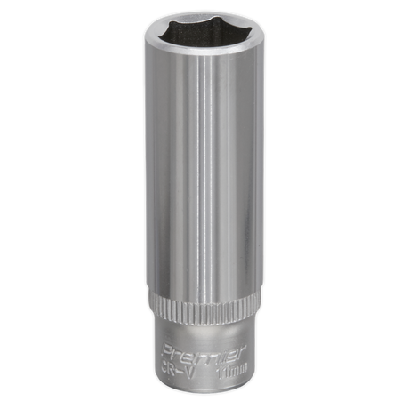 A cylindrical, silver Sealey WallDrive® Socket 11mm Deep 1/4"Sq Drive - S1411D with "Premier CR-V 11mm" engraved near the base.