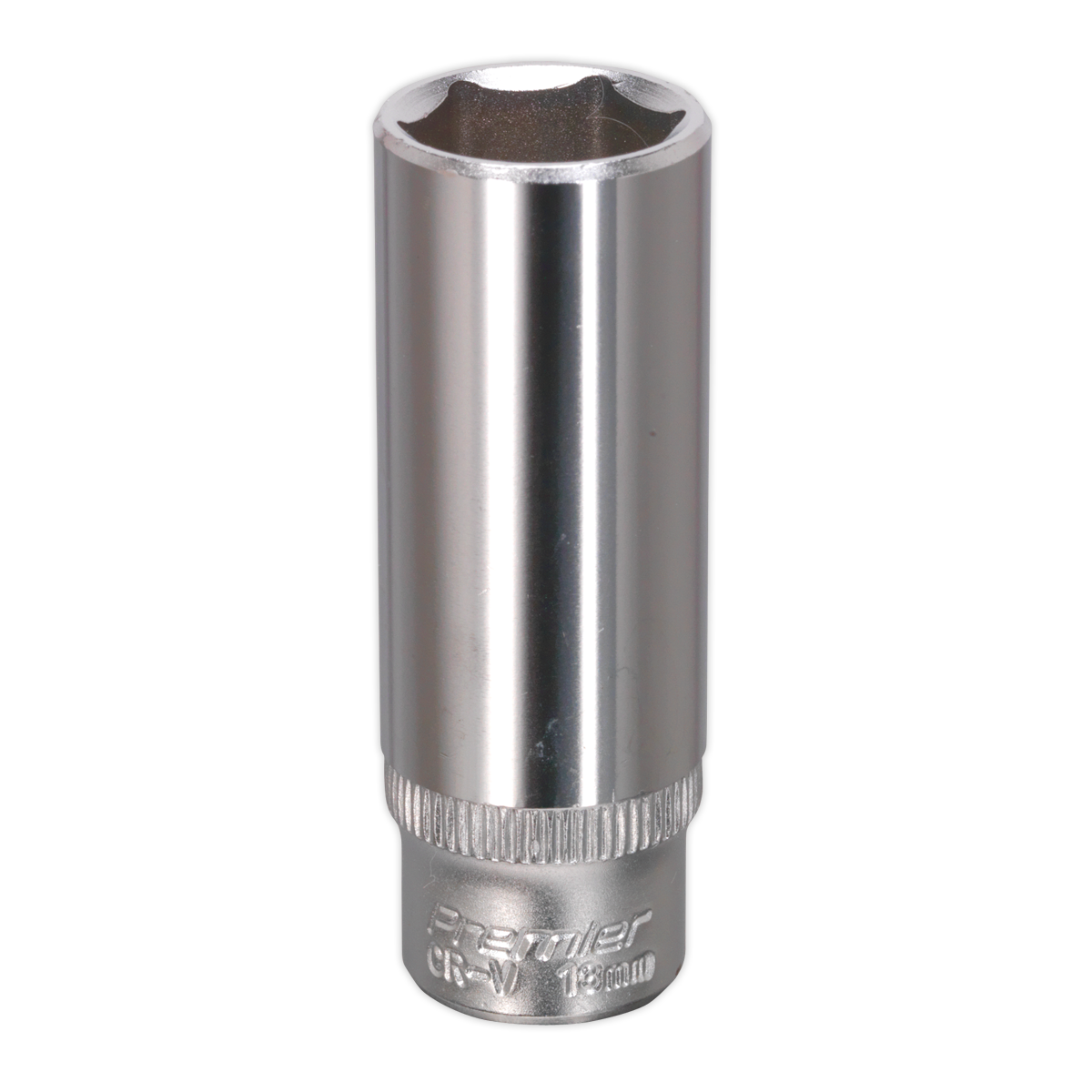 A close-up image of the Sealey WallDrive® 13mm Deep Socket 1/4"Sq Drive - S1413D, made from Chrome Vanadium steel, featuring engraved text that reads "CR-V 13mm".