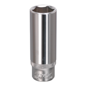 A close-up image of the Sealey WallDrive® 13mm Deep Socket 1/4"Sq Drive - S1413D, made from Chrome Vanadium steel, featuring engraved text that reads "CR-V 13mm".