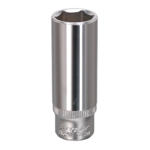 A close-up image of the Sealey WallDrive® 13mm Deep Socket 1/4"Sq Drive - S1413D, made from Chrome Vanadium steel, featuring engraved text that reads "CR-V 13mm".