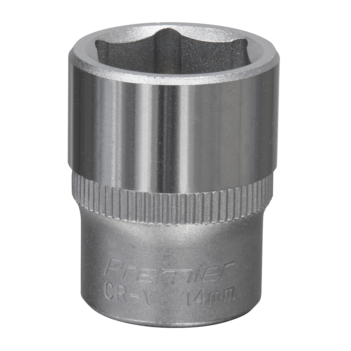 A Sealey WallDrive® Socket 14mm 1/4"Sq Drive (S1414) with a six-point design and a knurled ring near the base, crafted from durable Chrome Vanadium steel.