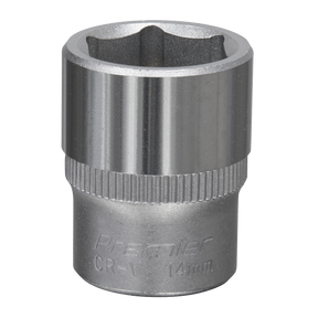 A Sealey WallDrive® Socket 14mm 1/4"Sq Drive (S1414) with a six-point design and a knurled ring near the base, crafted from durable Chrome Vanadium steel.
