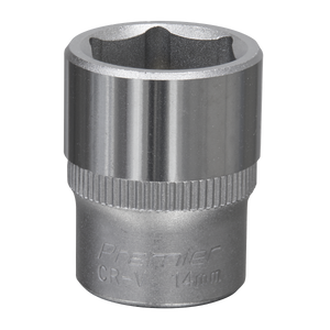 A Sealey WallDrive® Socket 14mm 1/4"Sq Drive (S1414) with a six-point design and a knurled ring near the base, crafted from durable Chrome Vanadium steel.