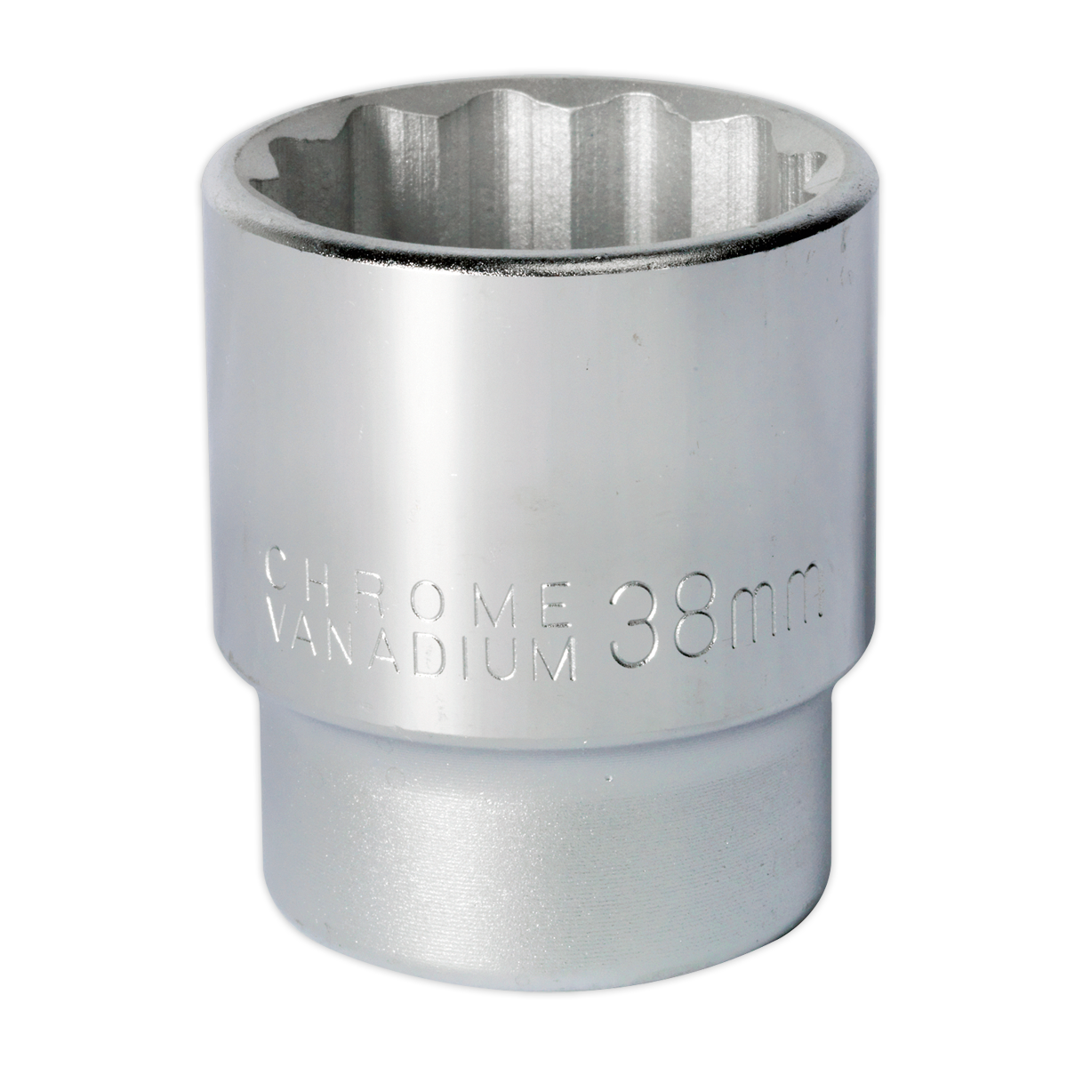 Close-up of a Sealey WallDrive® Socket 38mm 3/4"Sq Drive - S34/38, crafted from chrome vanadium with a 38mm hexagonal opening, used for tightening or loosening nuts and bolts.