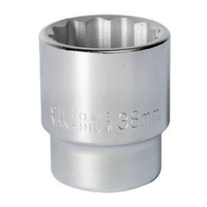 Close-up of a Sealey WallDrive® Socket 38mm 3/4"Sq Drive - S34/38, crafted from chrome vanadium with a 38mm hexagonal opening, used for tightening or loosening nuts and bolts.