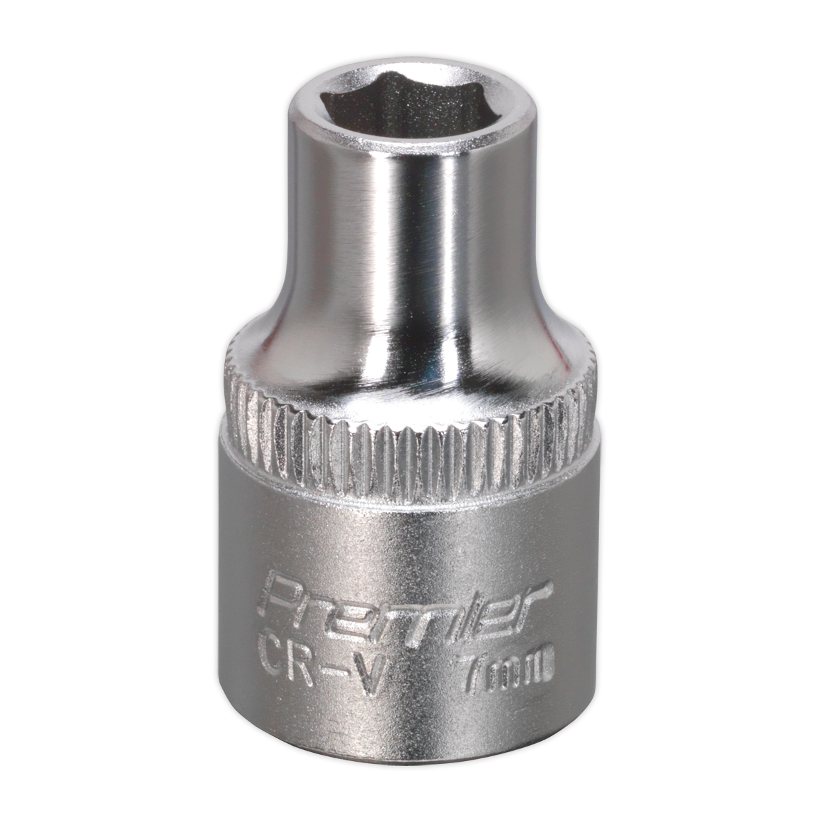 The Sealey WallDrive® Socket 7mm 3/8"Sq Drive - S3807, crafted from cold-forged Chrome Vanadium steel with a chrome finish, is designed for tightening or loosening nuts and bolts. This Premier Hand Tools product features the advanced WallDrive® socket configuration for superior performance.