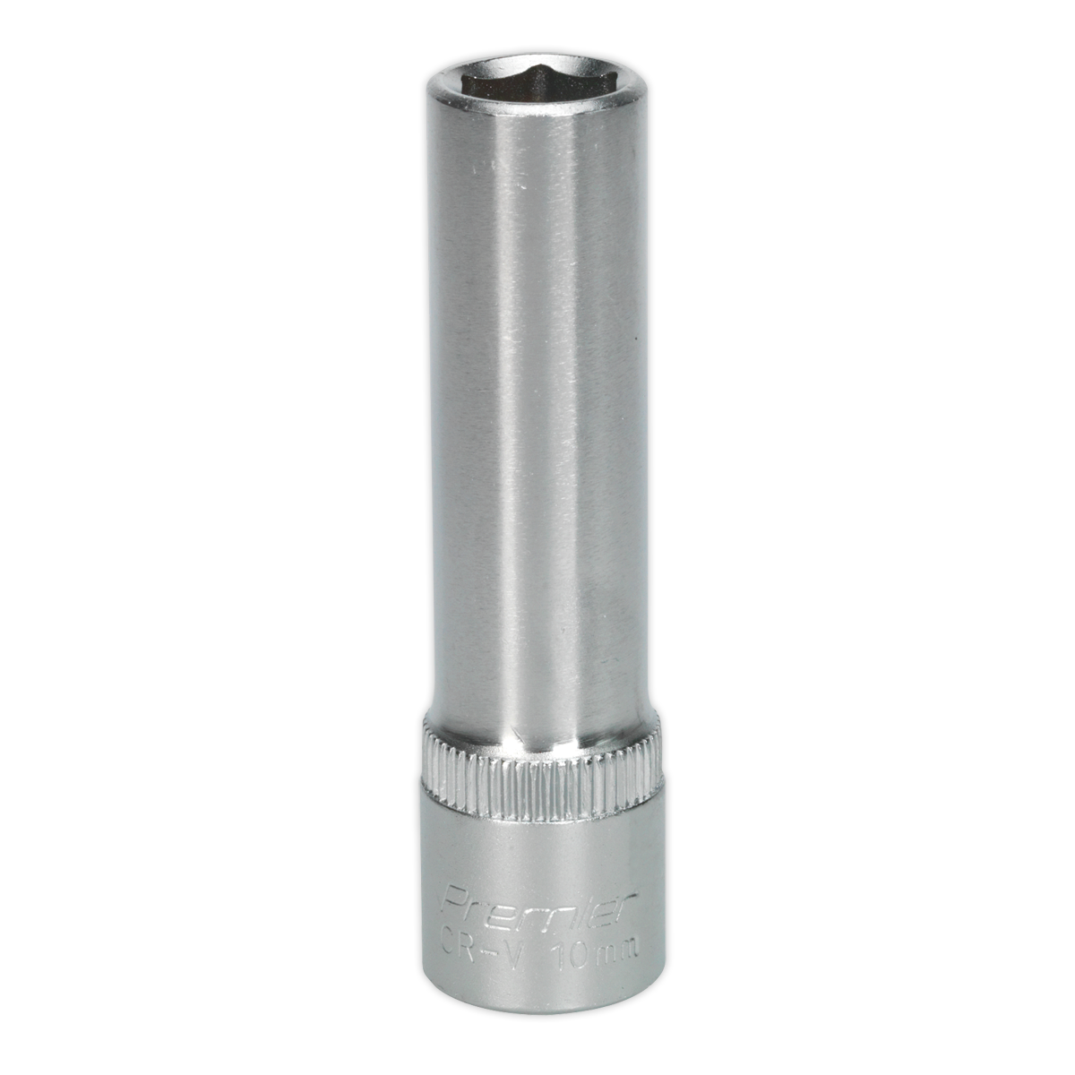 Close-up of a Sealey WallDrive® Socket 10mm Deep 3/8"Sq Drive - S3810D, featuring a six-point socket configuration, primarily used in automotive and mechanical applications.