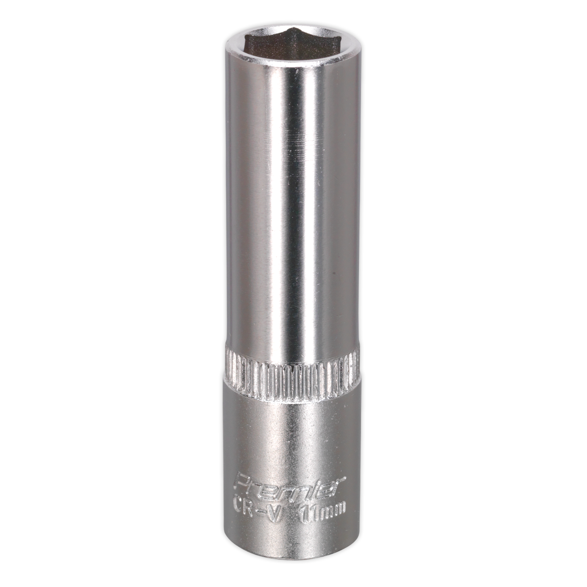 The Sealey WallDrive® Socket 11mm Deep 3/8"Sq Drive - S3811D is crafted from durable chrome vanadium steel, featuring a hexagonal opening for optimal use with ratchets or wrenches.