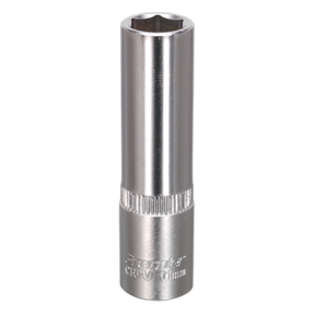 The Sealey WallDrive® Socket 11mm Deep 3/8"Sq Drive - S3811D is crafted from durable chrome vanadium steel, featuring a hexagonal opening for optimal use with ratchets or wrenches.