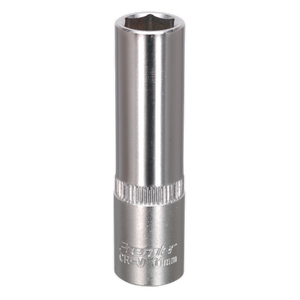 The Sealey WallDrive® Socket 11mm Deep 3/8"Sq Drive - S3811D is crafted from durable chrome vanadium steel, featuring a hexagonal opening for optimal use with ratchets or wrenches.