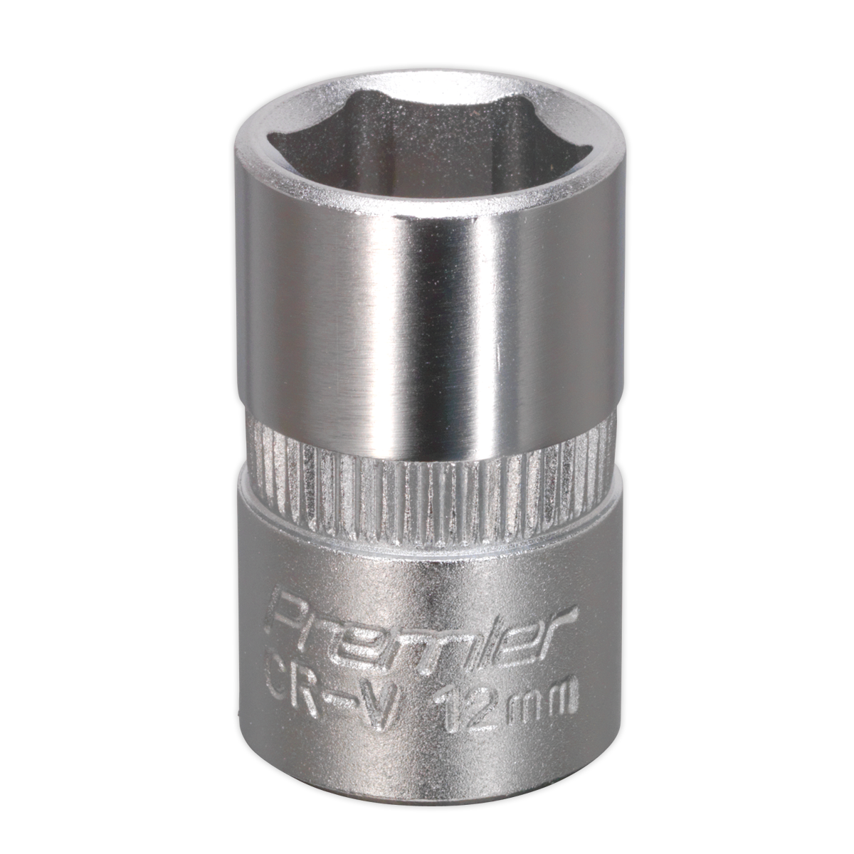 The Sealey WallDrive® Socket 12mm 3/8"Sq Drive - S3812 is a high-quality hand tool made of Chrome Vanadium steel, designed for use with a ratchet or wrench to tighten or loosen fasteners. This Premier CR-V socket ensures durability and optimal performance.