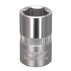 The Sealey WallDrive® Socket 12mm 3/8"Sq Drive - S3812 is a high-quality hand tool made of Chrome Vanadium steel, designed for use with a ratchet or wrench to tighten or loosen fasteners. This Premier CR-V socket ensures durability and optimal performance.