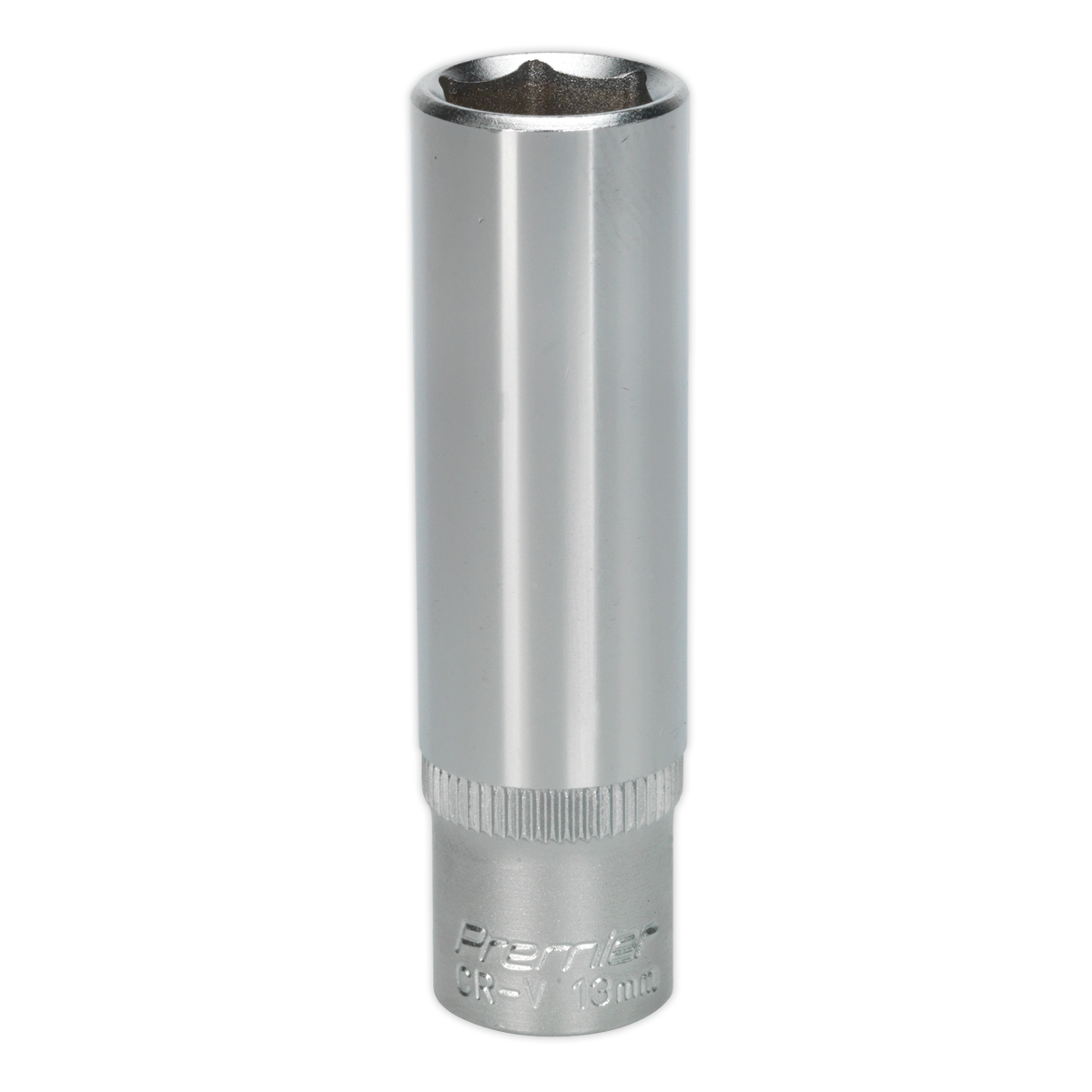 The Sealey WallDrive® Socket 13mm Deep 3/8"Sq Drive - S3813D is a chrome-plated accessory featuring a hexagonal opening and ridged detailing near the base, crafted from durable Chrome Vanadium steel for enhanced performance.