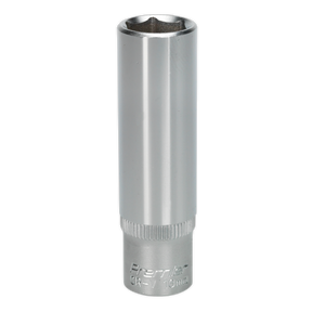 The Sealey WallDrive® Socket 13mm Deep 3/8"Sq Drive - S3813D is a chrome-plated accessory featuring a hexagonal opening and ridged detailing near the base, crafted from durable Chrome Vanadium steel for enhanced performance.
