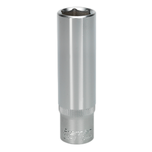 The Sealey WallDrive® Socket 13mm Deep 3/8"Sq Drive - S3813D is a chrome-plated accessory featuring a hexagonal opening and ridged detailing near the base, crafted from durable Chrome Vanadium steel for enhanced performance.