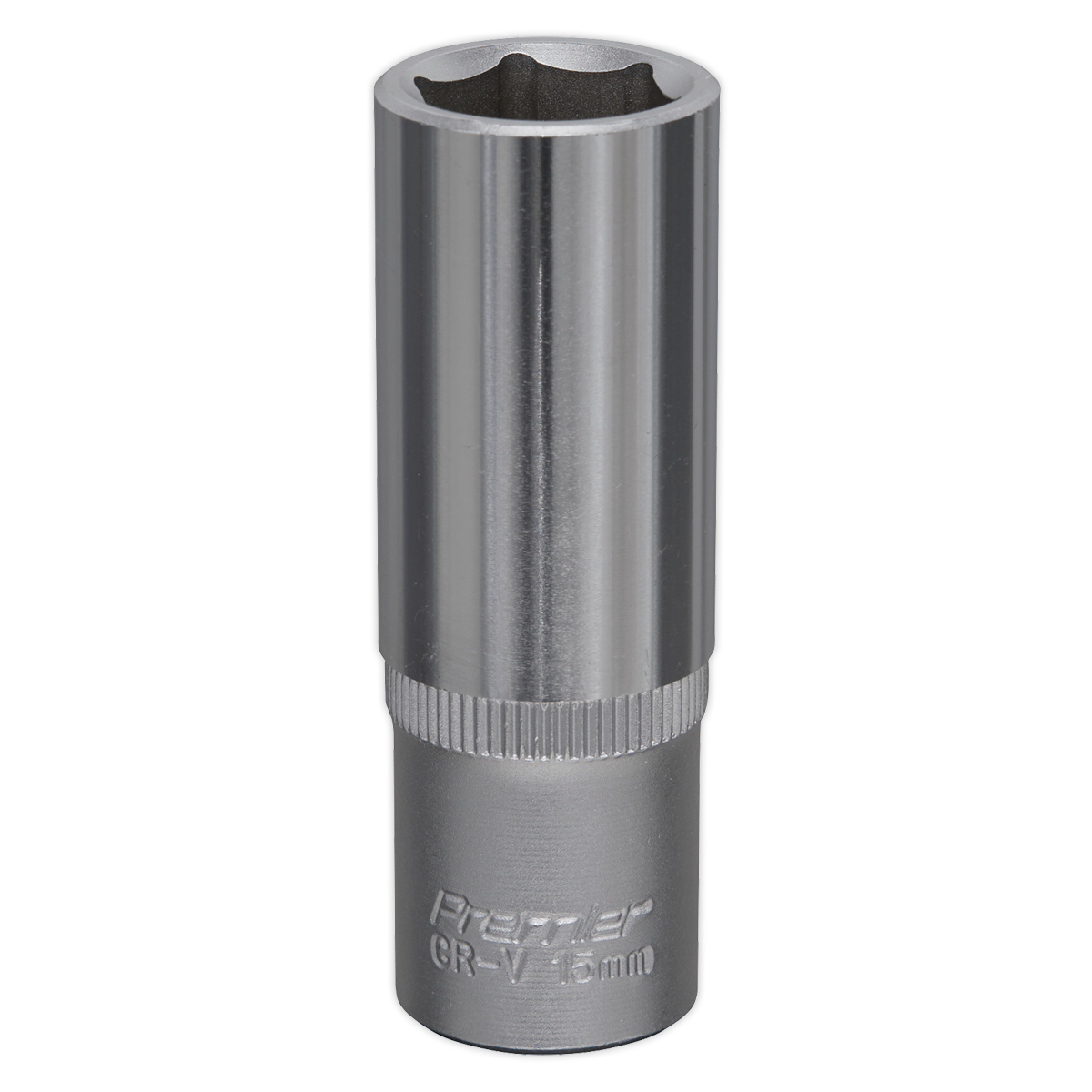 A chrome-colored 15mm deep socket with a knurled grip, branded "Sealey," featuring WallDrive socket configuration, model S3815D from Sealey Hand Tools.