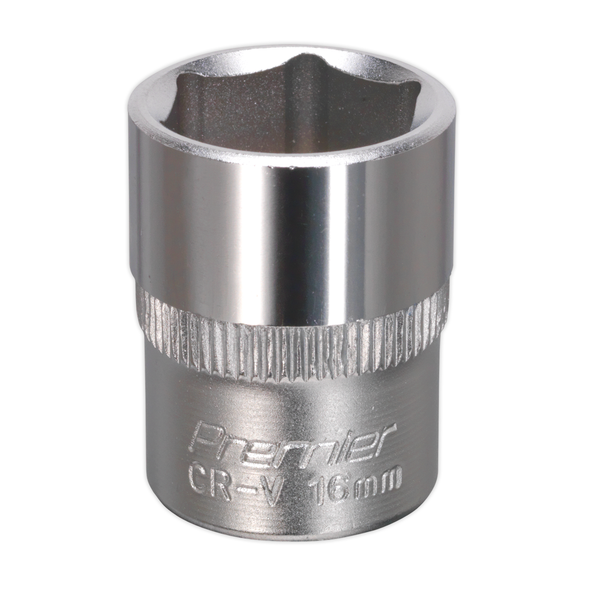 The WallDrive® Socket 16mm 3/8"Sq Drive - S3816 by Sealey features a durable chrome vanadium steel construction with a knurled band in the middle. Engraved with "Premier" and "CR-V 16mm," this essential hand tool comes with a lifetime guarantee.