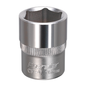 The WallDrive® Socket 16mm 3/8"Sq Drive - S3816 by Sealey features a durable chrome vanadium steel construction with a knurled band in the middle. Engraved with "Premier" and "CR-V 16mm," this essential hand tool comes with a lifetime guarantee.