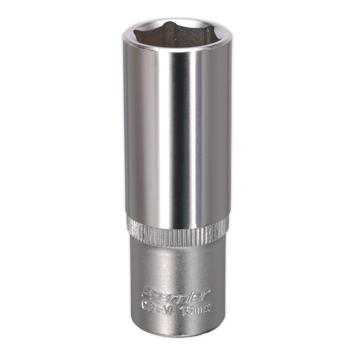 The Sealey WallDrive® Socket 16mm Deep 3/8"Sq Drive - S3816D is crafted from chrome vanadium steel and is designed for a 16mm bolt. It features the WallDrive® socket configuration and engraved markings on the side, making it a part of the Premier Hand Tools collection.