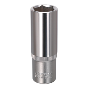 The Sealey WallDrive® Socket 16mm Deep 3/8"Sq Drive - S3816D is crafted from chrome vanadium steel and is designed for a 16mm bolt. It features the WallDrive® socket configuration and engraved markings on the side, making it a part of the Premier Hand Tools collection.